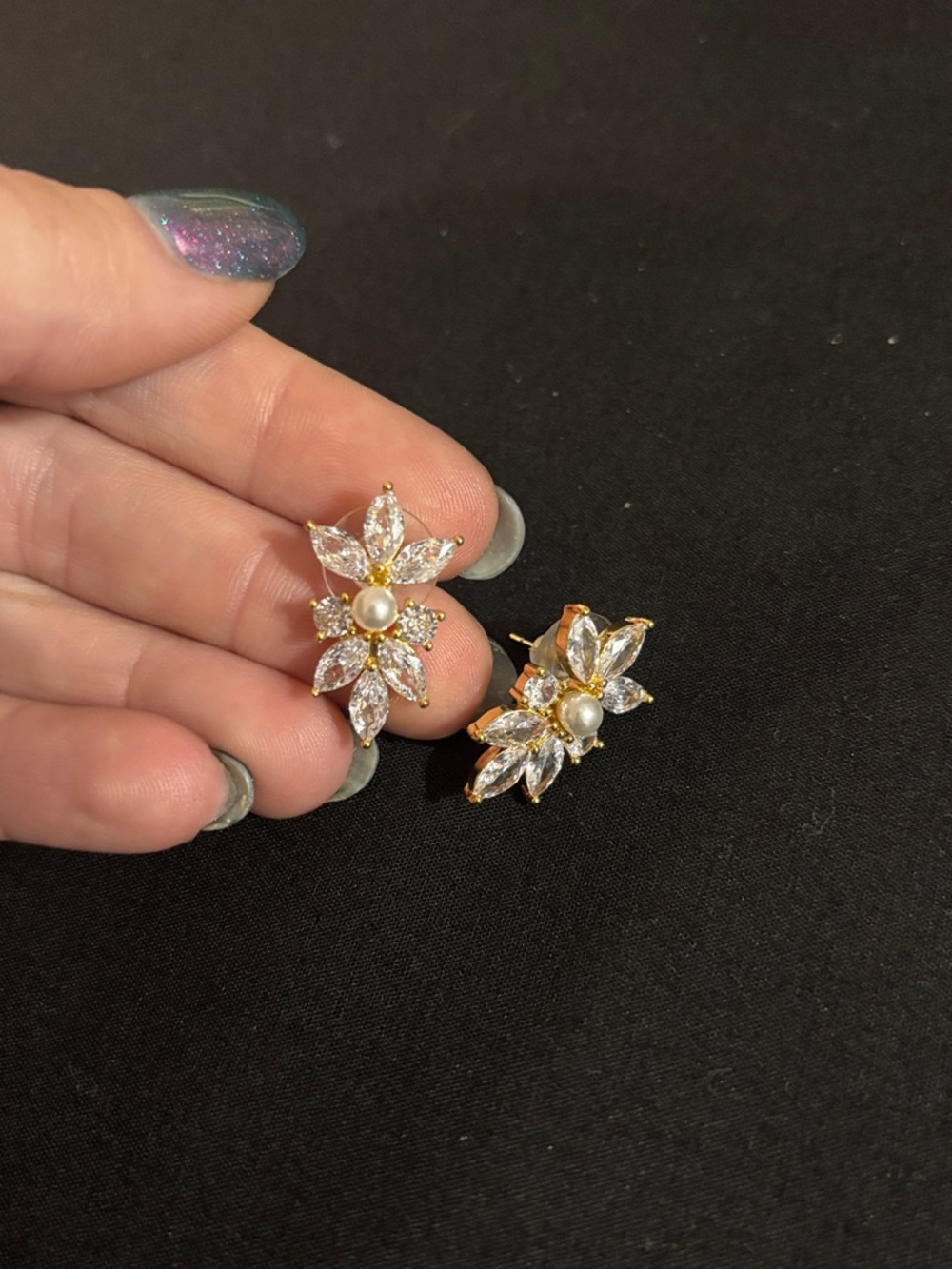 Gold Floral Pearl & Crystal Stud Earrings - Women Jewelry